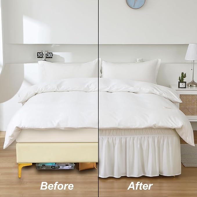 MEILA Wrap Around Bed Skirt Three Fabric Sides Elastic Dust Ruffled 18 Inch Tailored Drop,Easy to Install Fade Resistant-Natural White, Twin/Full