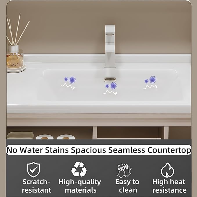 Cream Grey Sophisticated Bathroom Vanity - Bathroom Vanity with Smart Storage & Mirror Cabinet, Defogging, LED Light | Wall-Mounted Bathroom Storage Cabinet & Bathroom Vanity with Sink (Grey, 36IN)