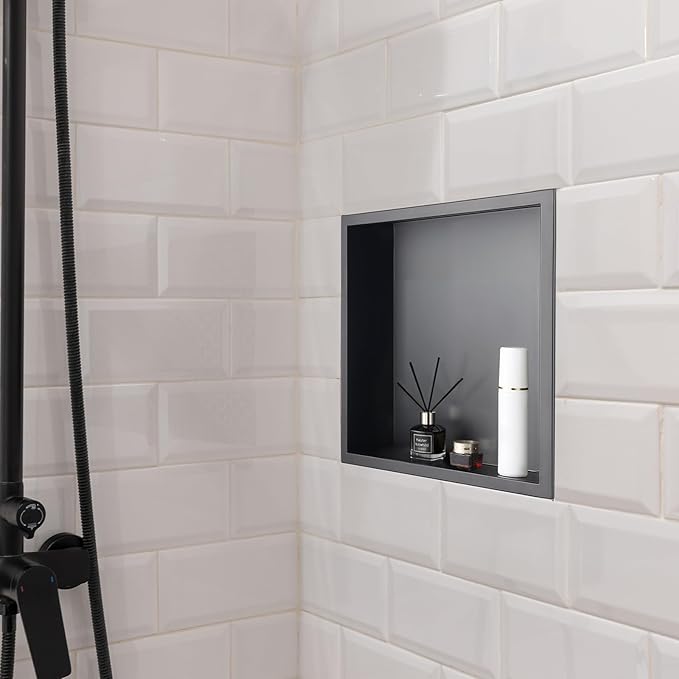 VEVOR Shower Niche, 13 x 13 x 4 inch Recessed Wall Niche, Heavy-duty Stainless Steel Modern Soap & Shampoo Storage Organizer, Sealed Waterproof, Durable & Easy to Install,Black for Bathroom