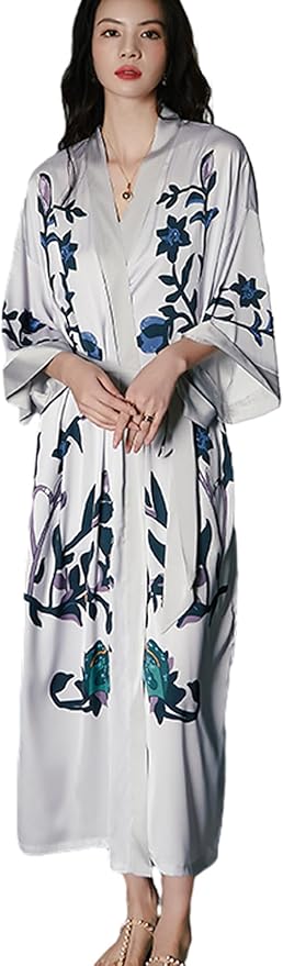 Silk Satin Robe for Women Long Japanese Kimono Robe Lightweight Soft Bathrobe Floral Luxury Dressing Gown