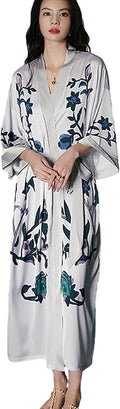 Silk Satin Robe for Women Long Japanese Kimono Robe Lightweight Soft Bathrobe Floral Luxury Dressing Gown