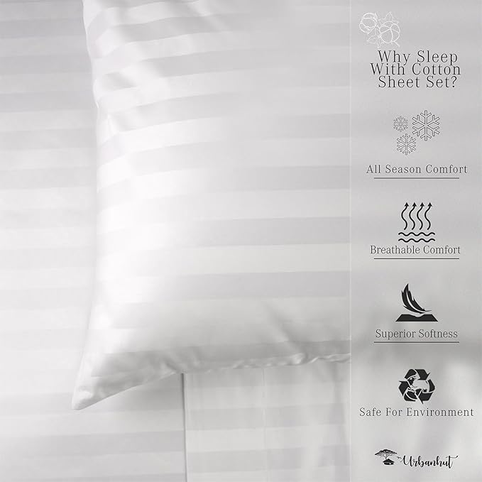 URBANHUT 1000 Thread Count Egyptian Cotton Sheets Damask Striped Queen Size, Long Staple Soft & Breathable, 4 Pc Bed Sheet Sets, Luxury Hotel Sateen Sheets Fits 16" Deep Pocket - White