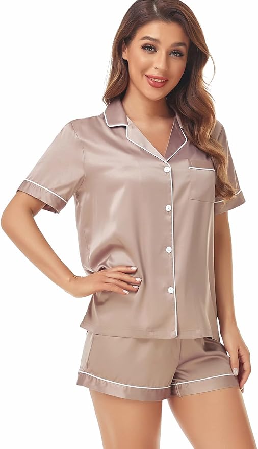 Women's Satin Pajama Set 2-Piece Sleepwear Loungewear Button Down Short Sleeve Silky PJ Set