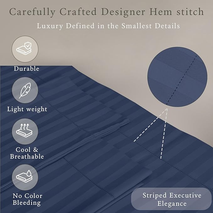 Threadmill 500 Thread Count King Size Damask Stripe, 4 Pc Luxury Cotton Bed Sheet Set, Breathable Folkstone Blue Sheets with 16" Elasticized Deep Pocket, 2 Pillowcases & Free Tote Bag