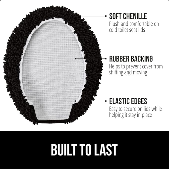 GORILLA GRIP Soft Chenille Bathroom Toilet Lid Cover, Machine Washable Seat Covers, 19.5x18.5, Stays in Place Rubber Backing, Fits Most Round, Elongated and Oblong Lids, Accessories Decor, Black