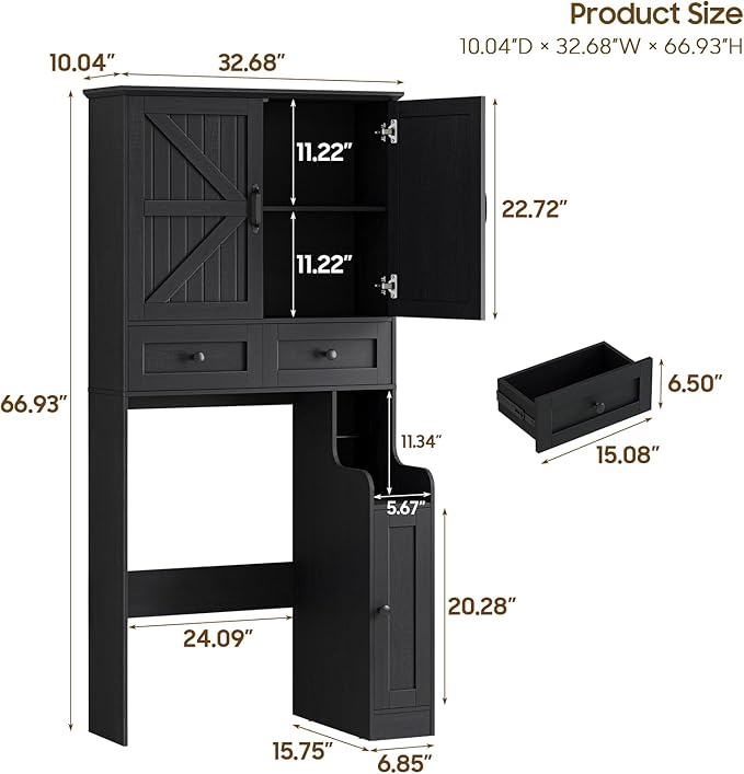 Over The Toilet Storage Cabinet, Storage Cabinet Over Toilet with Double Doors & Toilet Paper Holder Stand, Freestanding Toilet Shelf Space Saver with Anti-Tip Design & Adjustable Shelf, Black