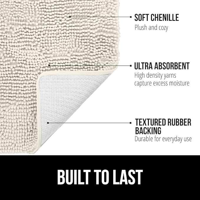 GORILLA GRIP Plush Absorbent Shaggy Chenille Bath Rug Mat for Oval Toilet Base with Rubber Backing, Machine Washable Rugs, Soft Microfiber Contour Mats for Toilets, Bathroom Decor, Ivory