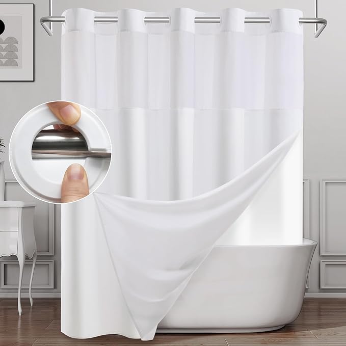 No Hook Shower Curtain with Snap in Liner, Polyester Textured Shower Curtain with Liner Set, Waterproof Washable Hotel Style Shower Curtains for Bathroom, 71Wx77H, White