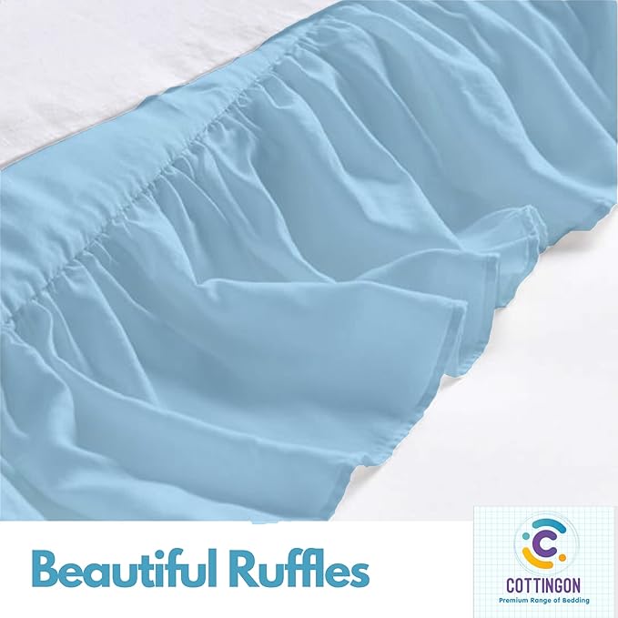 Cottingon Ruffled Bed Skirt with Split Corners-Dust Ruffle - 18" Drop 100% Microfiber Soft,Sheen & Luxurious Look - Bed Skirts (Light Blue -King)