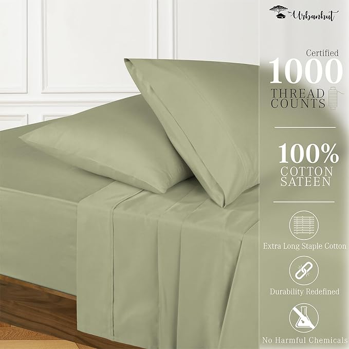 URBANHUT 1000 Thread Count King Size Egyptian Cotton Sheets, Long Staple Soft & Breathable, 4 Pc Bed Sheet Sets for King Size Bed, Luxury Hotel Sateen Sheets Fits 16" Deep Pocket - Sage
