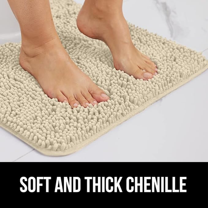 GORILLA GRIP Bath Rug Mat, Thick Soft Absorbent Chenille, Quick Dry Microfiber Mats, Rubber Backing Washable Shower Floor Rugs, Bathmat Runner, US Designed Bathroom Home Decor Accessories 24x17, Sand