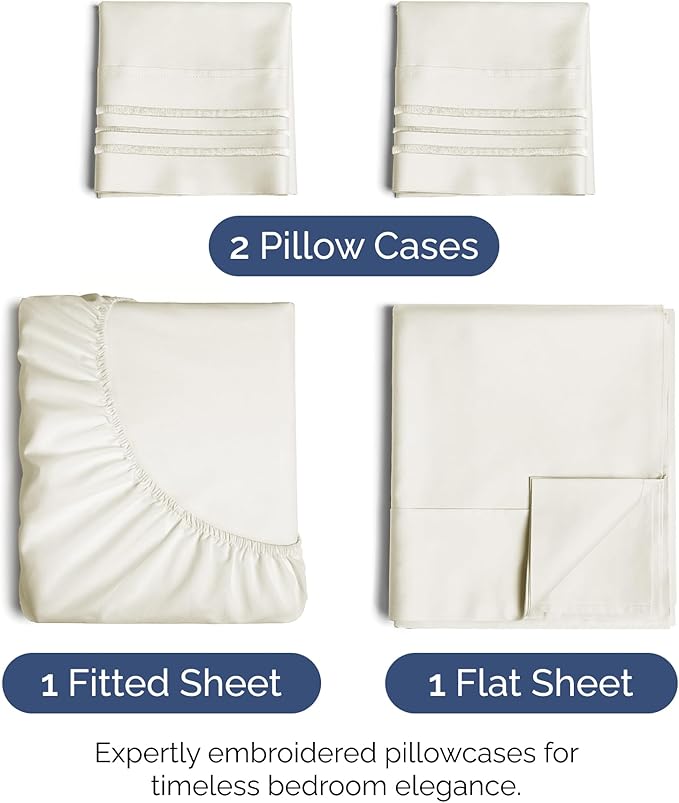 Queen Size 4 Piece Sheet Set - Extra Soft, Breathable & Cooling Sheets - Hotel Luxury Durable Bed Sheets for Women & Men - Deep Pockets, Easy-Fit & Wrinkle-Free Sheets - Ivory Oeko-Tex Bed Sheet Set