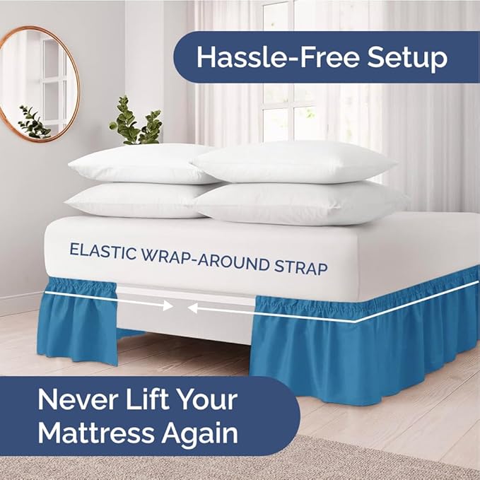 Wrap Around Dust Ruffle Bed Skirt - Denim Blue - Twin/Twin XL Size Beds with 15 Inch Drop - Elastic Strap- Adjustable Pleated Bedskirt with Brushed Fabric and Wrinkle Free - Women, Men, Kids & Teens
