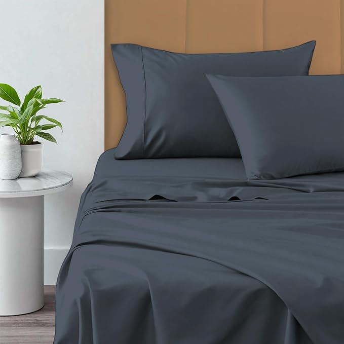 Pizuna Pure 100% Cotton California King Size Sheets, 800 Thread Count Long Staple Cotton Crisp Sateen Sheets with 15inch Deep Pocket (Dark Blue)