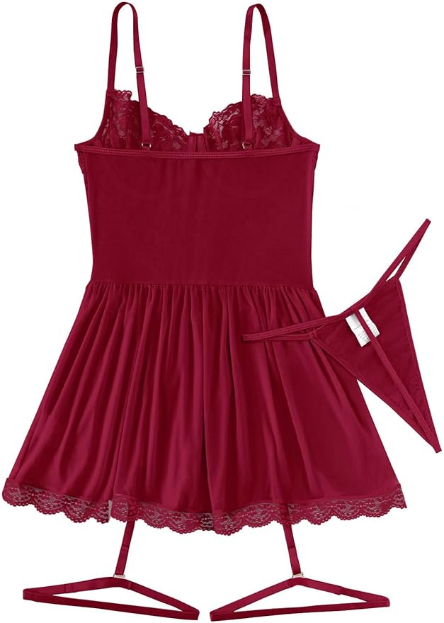 Lilosy Sexy Garter Belt Mesh Lace Babydoll Lingerie Dress Set with Thong