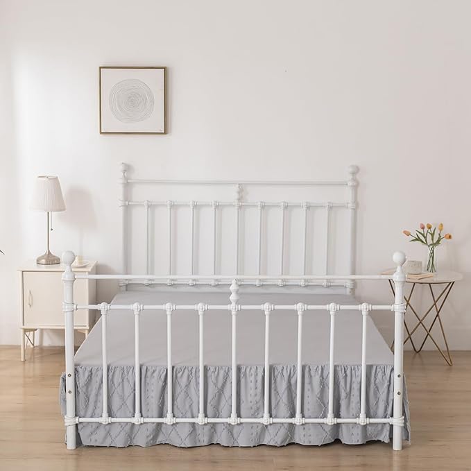 Bed Skirt Queen Size Ruffled Bed Skirt with Split Corners, 14 Inch Drop Dust Ruffle Bed Skirts with Platform, Boho Tufted Shabby Chic Full Size Bed Skirts, Light Grey