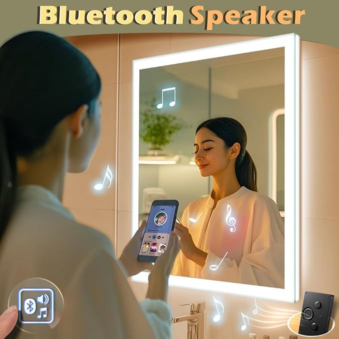 24 x 32 inch LED Bathroom Mirror with Bluetooth Speaker, Induction Switch Light Smart Vanity Mirror Wall Mounted, IP44 Waterproof Anti Fog Vertical & Horizontal