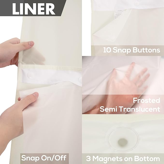 No Hook Slub Textured Shower Curtain with Snap-in PEVA Liner Set - 71" x 74"(72"), Hotel Style Cream Shower Curtain with Sheer Top Window, Water Repellent, Sand, W71xH72