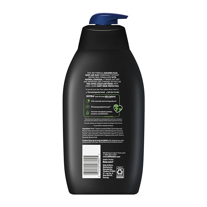 NIVEA Men Active Clean Body Wash with Natural Charcoal for Normal to Oily Skin, 3-in-1 Charcoal Body Wash, Face and Hair, Draws Out Dirt and Impurities, 30 Fl Oz Bottle