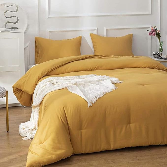 Cottonight Mustard Yellow Comforter Sets Full Dark Yellow Comforter Full Lightweight Cozy Mustard Bedding Comforter Sets with Inner Fill Soft Comfy Women Men