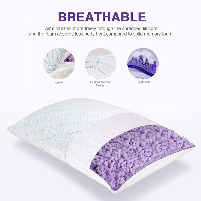 Cooling King Size Pillows, Pillow King Size Set of 2 Shredded Memory Foam, Cool Cold for Sleeping with Zipper, Adjustable Firmness to Hot, Side, Back and Stomach Sleepers, 2 Pack, 20x36