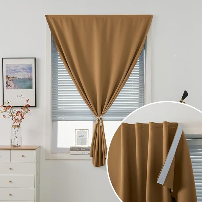 Self Adhesive Curtains, Stick Curtain Blackout Shades Window Cover Curtains for Living Room No Drilling, 35" W X 71" L, Brown, 1 Panel
