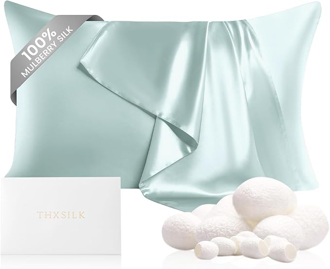 THXSILK 100% Mulberry Silk Pillowcase for Hair and Skin Health, 22 Momme Soft and Smooth Pillowcase with Hidden Zipper, Both Sides Premium Grade 6A+ Silk, 1pc (Standard 20"x26", Light Blue)