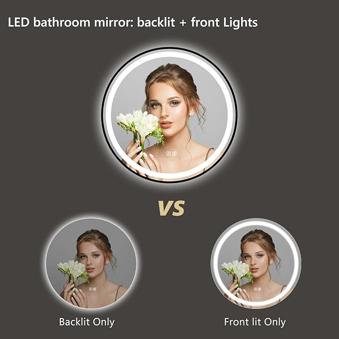 APRILSOUL 32 Inch Round Aluminum Framed LED Bathroom Mirror with Lights, Makeup Mirror with Front and Backlit, Anti-Fog, 3 Colors and Dimmable Light