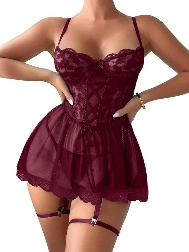 Lilosy Sexy Garter Belt Mesh Lace Babydoll Lingerie Dress Set with Thong