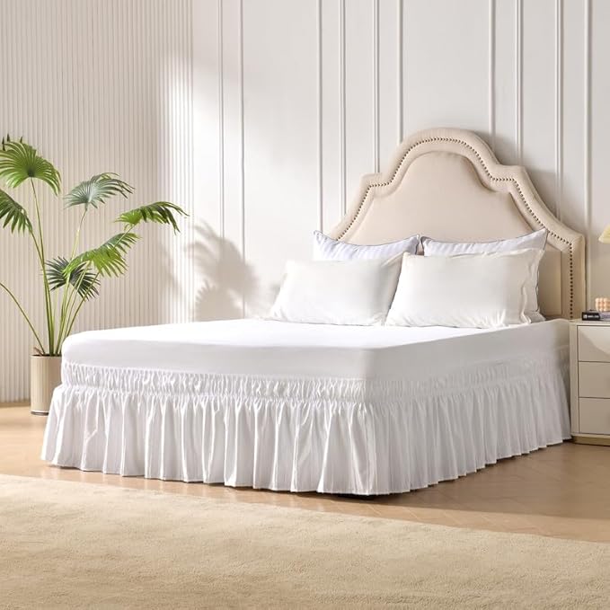 MIYE Striped Tufted Bed Skirt - Wrap Around Dust Ruffle with Elastic Belts - 18 Inch Drop Easy to Put On - Bedskirt Machine Washable ＆ Wrinkle Resistant(Striped/White, King/Queen-18 Drop)