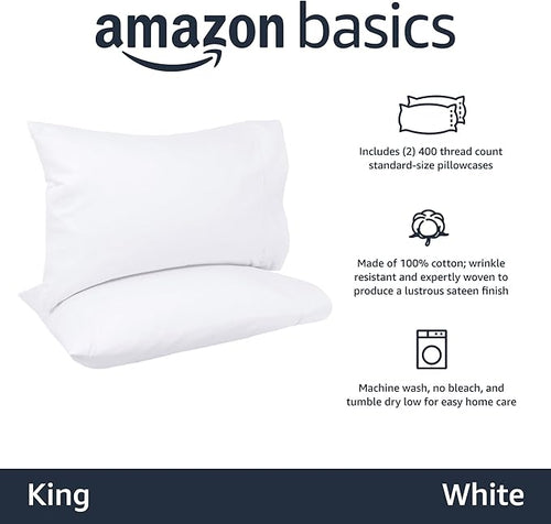 Amazon Basics 400 Thread Count Soft Cotton Pillow Case, King Size, 40" L x 20" W, Machine Washable, White - Set of 2, Pillows Not Included