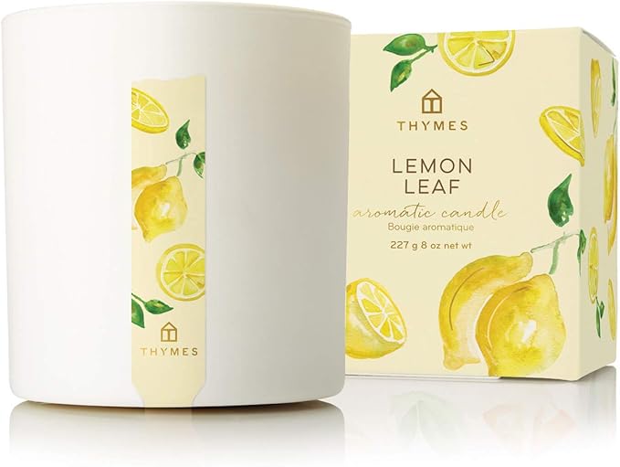 Thymes Lemon Leaf Candle - 8 Oz - Scented Candle for a Fresh Home Fragrance - Aromatherapy Candle in Glass Jar - Matte White Jar