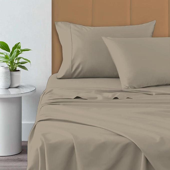 Pizuna Pure 100% Cotton King Size Sheets, 800 Thread Count Long Staple Cotton Crisp Sateen Sheets with 15inch Deep Pocket (Combed Simply Taupe)
