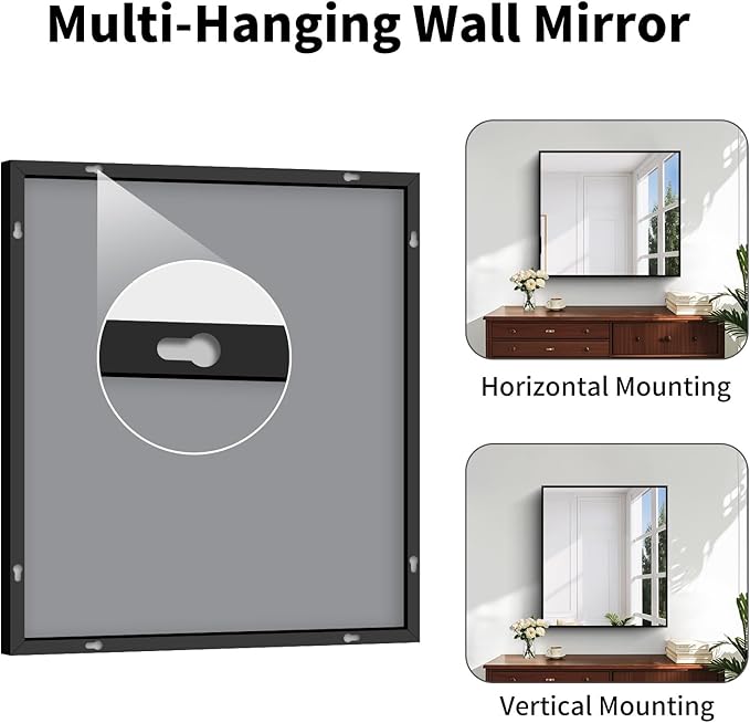 Koonmi Black Framed Bathroom Mirror - Shatterproof 32"x28" Tempered Glass, HD No Distortion, Horizontal/Vertical Mount, Modern Matte Aluminum Alloy Frame