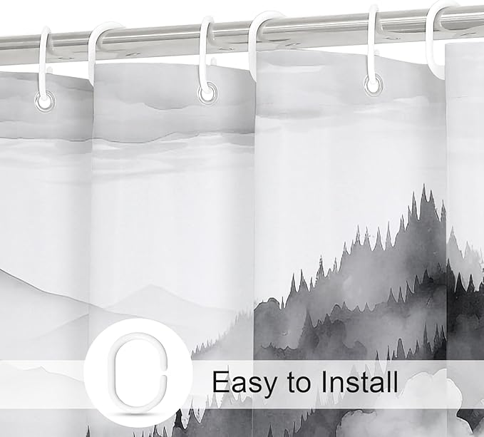 Black Extra Long Misty Pine Forest Shower Curtain 72 x 84, XL Mountain Foggy Woodland Scenery Tree Shower Curtains for Bathroom, Abstract Waterproof Nature-Themed Decor