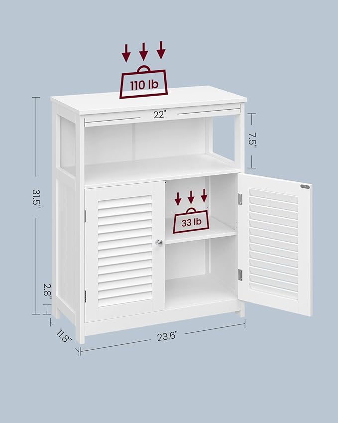 VASAGLE Floor Storage Cabinet, Freestanding Storage Unit with Double Shutter Doors and Adjustable Shelf, for Living room, Bathroom, Entryway, Kitchen, White UBBC40WT