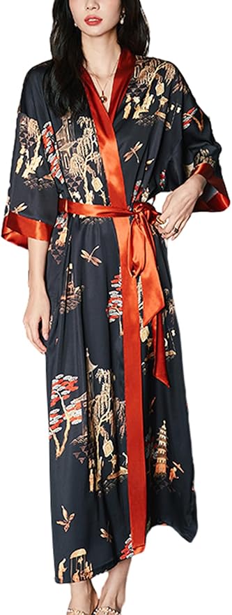 Silk Satin Robe for Women Long Japanese Kimono Robe Lightweight Soft Bathrobe Floral Luxury Dressing Gown