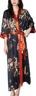 Silk Satin Robe for Women Long Japanese Kimono Robe Lightweight Soft Bathrobe Floral Luxury Dressing Gown