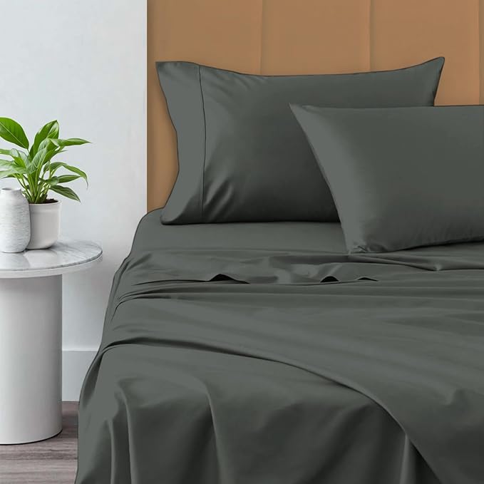 Pizuna Pure 100% Cotton Queen Size Sheets, 800 Thread Count Long Staple Cotton Crisp Sateen Sheets with 15inch Deep Pocket - Combed Dark Grey Cotton