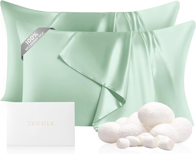 THXSILK Set of 2 Silk Pillowcase for Hair and Skin, 100% Mulberry Silk Bed Pillowcase 22 Momme, Hypoallergenic Soft Breathable Silk Pillow Case with Hidden Zipper, King Size 20"x36", Turquoise Green