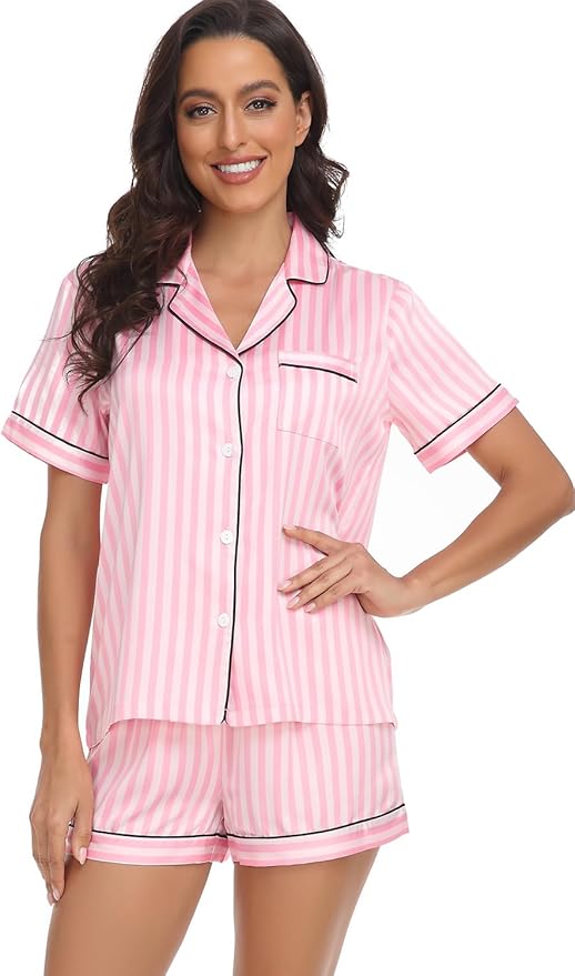 Women's Satin Pajama Set 2-Piece Sleepwear Loungewear Button Down Short Sleeve Silky PJ Set