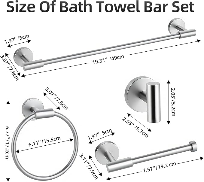 Brushed Nickel Bathroom Hardware Accessories Set, Bathroom Towel Holder Set 5 Pieces, SUS304 Stainless Steel Towel Bar Set Wall Mounted-19 Inch Towel Bar, Paper Towel Holder, Towel Hooks, Towel Ring