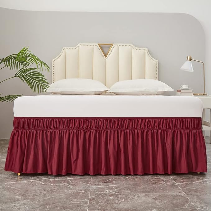 MEILA Wrap Around Bed Skirt Three Fabric Sides Elastic Dust Ruffled 14 Inch Tailored Drop,Easy to Install Fade Resistant-Burgundy, Queen/King