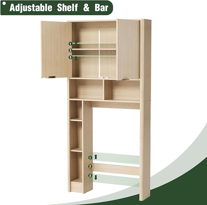 31" W Over The Toilet Storage Cabinet with Fluted Door, Oak Bathroom Organizer with Adjustable Shelf, Natural Toilet Paper Holder Stand Wave Door for Restroom, Laundry Room