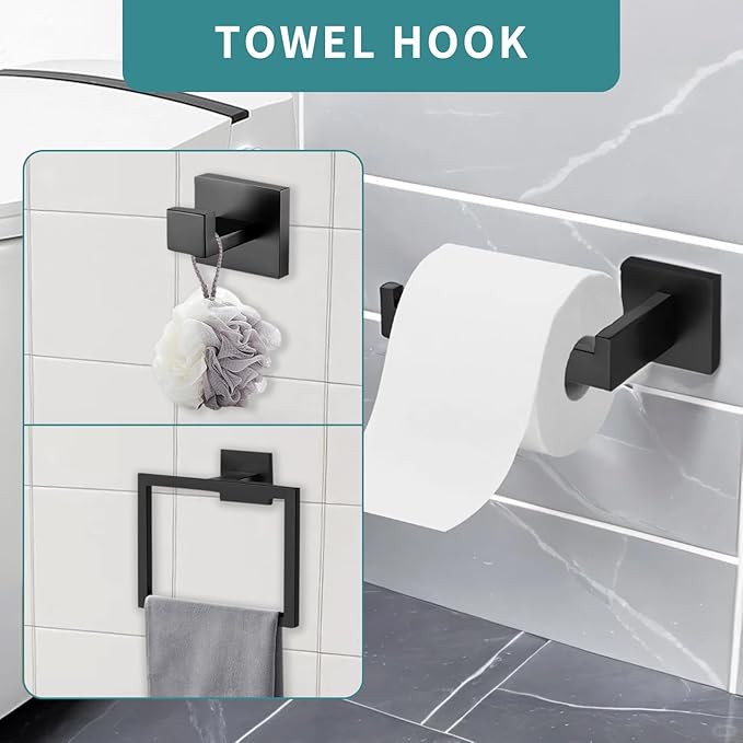 5-Pieces Matte Black Bathroom Hardware Accessories Set, 15.6 inch Towel Bar,Towel Racks for Bathroom, Robe Towel Hooks, Toilet Paper Holder Wall Mounted