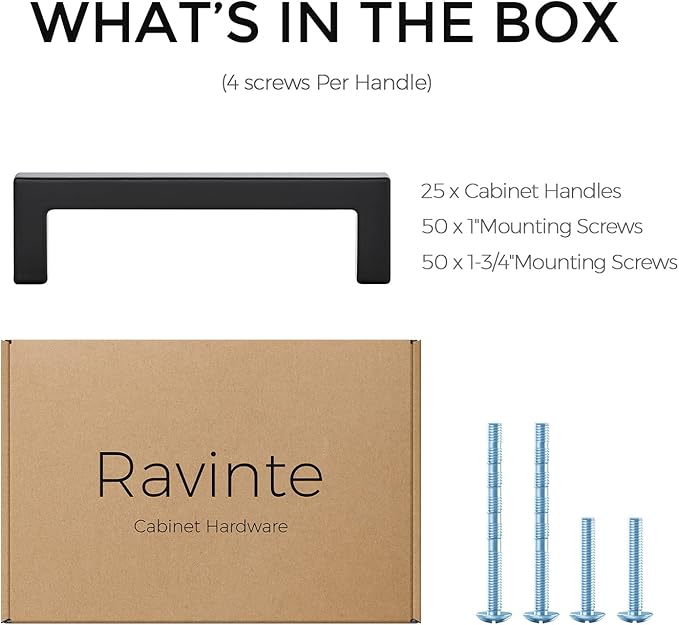 Ravinte 25 Pack Solid 3-1/2 Inch Center to Center Slim Square Bar Drawer Handles - Cabinet Hardware in Matte Black - Kitchen Handles and Pulls