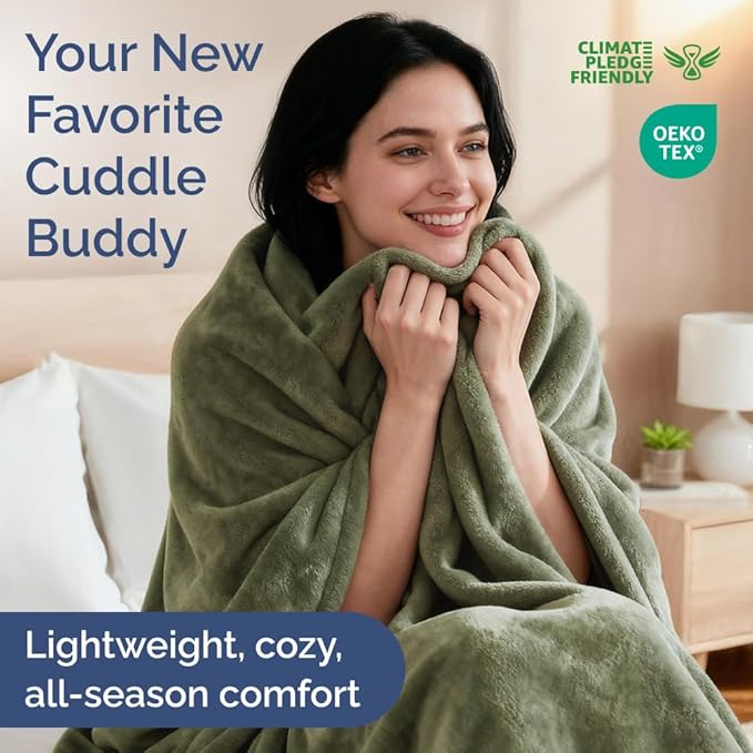 Ultra Soft Fleece Blanket Queen Size - Flannel Fleece Luxury Queen Blanket - Lightweight for Couch Bed Chair - Thick, Warm and Breathable - All Season Cozy Fuzzy, Anti-Static Microplush Bedding, Olive
