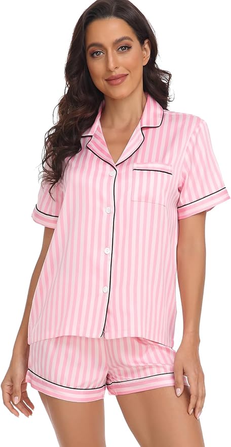 Women's Satin Pajama Set 2-Piece Sleepwear Loungewear Button Down Short Sleeve Silky PJ Set