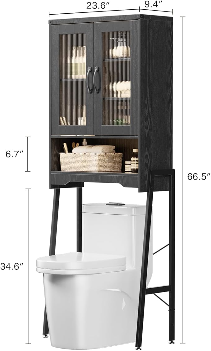 Over The Toilet Storage Cabinet with Tempered Glass Doors & Adjustable Shelf, Bathroom Organizer with Metal Stand Space Saver Over Toilet , Tall Freestanding Shelf/Rack for Bathroom, Black