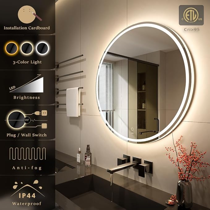 KWW 28 Inch Large Modern LED Round Bathroom Vanity Mirror, Color Temperature Adjustable, Anti-Fog Dimmable Lights, Easy to Install, Wall Mounted Makeup Mirror with Smart Touch Button